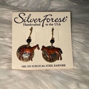 Silver Forest Copper Horse Dangle Earrings with Black Bead